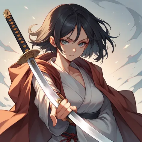 Female samurai with open shoulders and a cloak,beautiful,The old days,Woman 1,holding a katana sword,best pictures,black hair,gray eyes,sexly,Action