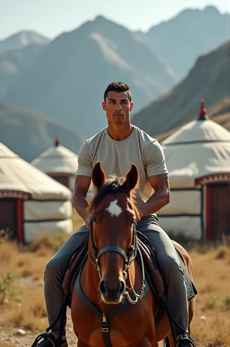 Ronaldo sits on a horse near yurts in the mountains version Kyrgyzstan 