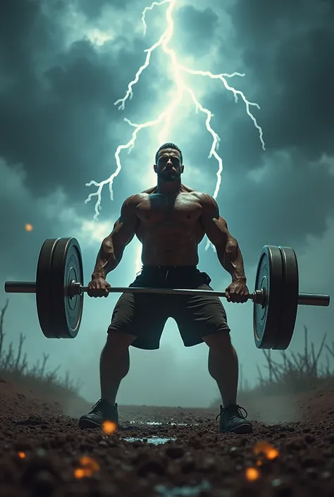 (photorealism:1. a muscular man in gym doing heavy dead lift in open thunder lighting area 