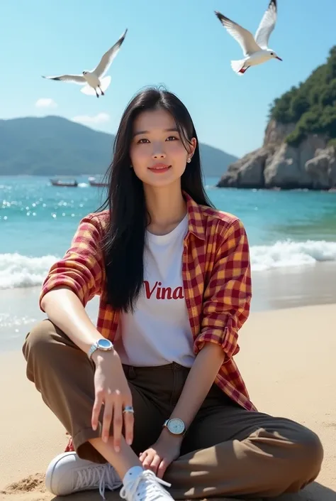 Beautiful Korean girl with smooth white skin, well-groomed face, long straight black hair, red and orange checkered shirt, white T-shirt with the Vina logo, brown cargo pants, cool watch, white shoes posing sitting on the beach, background, sea waves, boat...