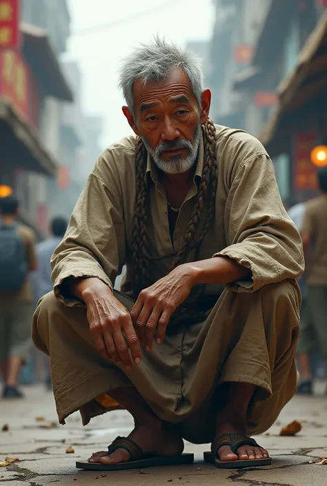 a middle-aged Asian man dressed as a beggar