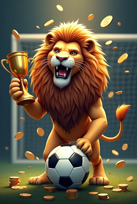 Logo alluding to your winning goal: soccer ball goal with a lion holding a trophy and dollars and coins in the background 