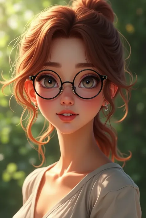 Generate a young red-haired brown-haired teenage woman not so red-haired with pinkish white skin with round glasses and a beautiful and youthful 1 model&#39;s body where her ass and vagina are noticeable and her beauty is noticeable, her facial features an...