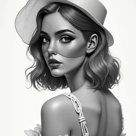 A captivating grayscale illustration by Meg B. showcases a woman with a vintage, elegant style. Her smooth, wavy hair reaches her shoulders, and a netted veil partially conceals her face, adding an enigmatic air. The artist expertly captures her sharp, def...