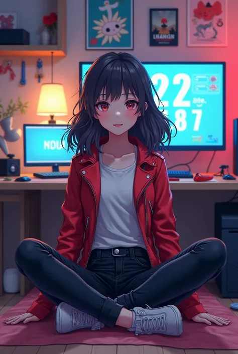 An anime girl around 2  sitting in her gaming room and telling a story. She is Wearing a red leather jacket a white T-shirt and black jeans