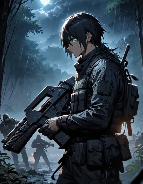 Masterpiece, best quality, 1 man, A 30-year-old man, Focus Man, alone, alone focus, black hair, Turquoise eyes, Black bulletproof vest, Mercenaries, (Holding an assault rifle),M16 A4, Standing position, Standing positionยิง, Battlefield backdrop,jungle, Da...