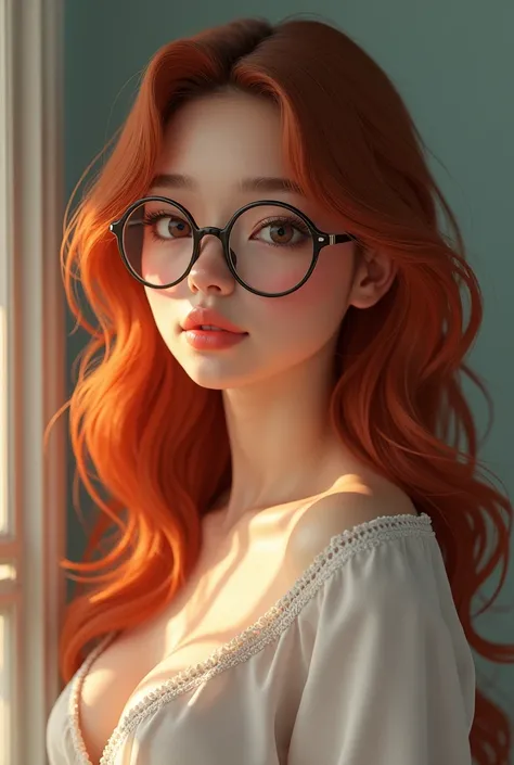 Generate a young red-haired brown-haired teenage woman, not so red-haired and thicker with pinkish white skin with round glasses and a beautiful and youthful 1 model&#39;s body where her ass and vagina are noticeable and her beauty is noticeable, her facia...