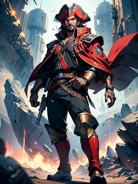 Space action movie poster. Best quality, masterpiece, a high resolution, One, One focus, 1 boy, mature man, black hair, Red eyes, (perfectly drawn face), facial hair, Smirks, (Long sleeves, Pirate Costume, pirate hat, Pirate boots), space background, stand...