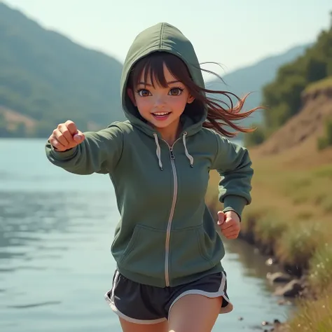 (masterpiece, Highest quality), One person,   Pick and throw away, Cute girl、Small breasts,    Cool smile、jogging, punch, Outstretched fist, river, Embankment, Steep grassy slope, Bandaged hand, Hood Cover Head, Hooded jacket, Sports shorts, Sweat, Breatht...