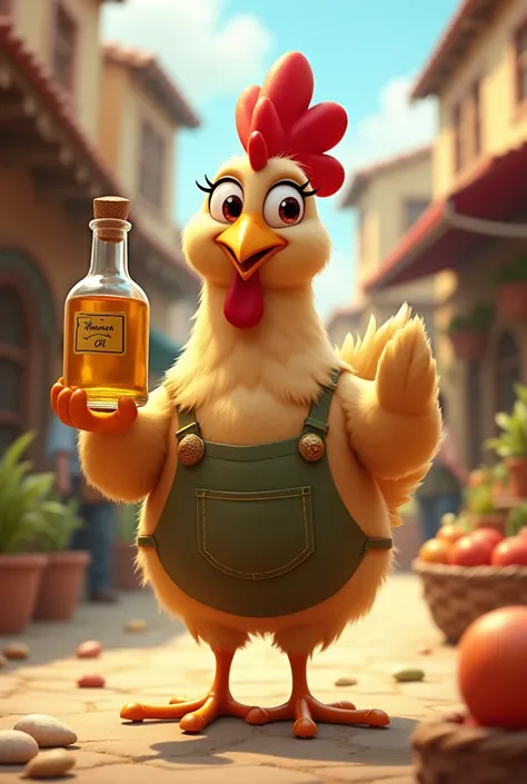 animated hen selling oil

