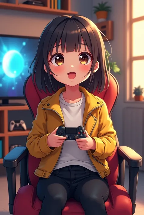 An anime girl around 2 sitting in her gaming room and telling a story. She is Wearing a yellow leather jacket a white T-shirt and black jeans