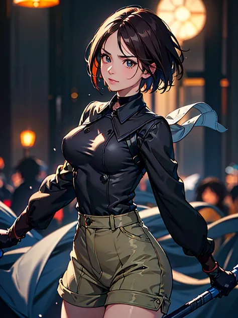 (at night), in a video game scene in the background of a beautiful city at night, raining, alone, standing looking straight ahead, military green military clothing, black gloves, semi-short hair, ((semi-short hair) short)), 1 girl, 30 years old, young woma...