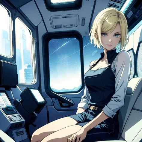 A young sexy blond woman，Keep short hair，Wearing hot clothes，Sitting in the seat of a spaceship，Windows can show beautiful stars