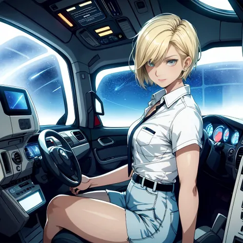 A young sexy blond woman，Keep short hair，Wearing hot clothes，Sitting in the seat of a spaceship，Windows can show beautiful stars