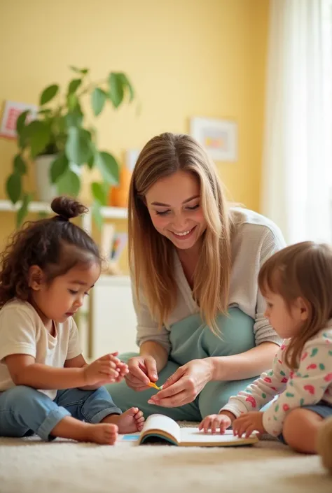 Light pale yellow background, real photo, teacher and children playing with toys and books in childcare , use very light brown for hair in 16:9 ratio 