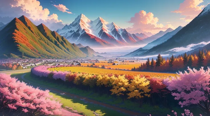 Anime Landscape with mountains and flowers in the foreground, Anime Landscape wallpaper, beautiful Anime Landscape, Anime Landscape, Anime Background art, Anime Landscape, Anime rural scenery, Anime Background, Detailed scenery —width 672, Anime Landscape ...