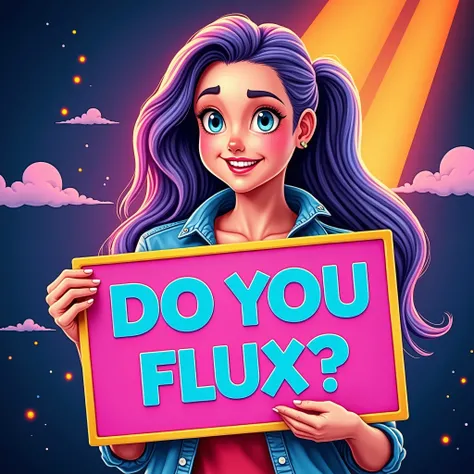 An animated image of a woman holding a sign that reads "DO YOU FLUX" in bold, bright yellow letters. The womans hair is a vibrant shade of blue, and she is wearing a light blue denim jacket. Her hair is long and cascades in a ponytail, and her eyes are a p...