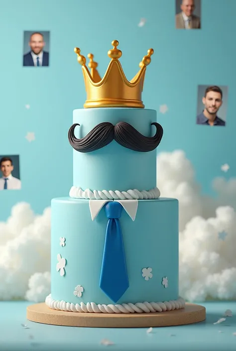 Make a two tiered cake in sky blue color , in bottom tier add a men tie , top tier mustache and top of the the cake a golden crown , and some men’s photos randomly added cake 