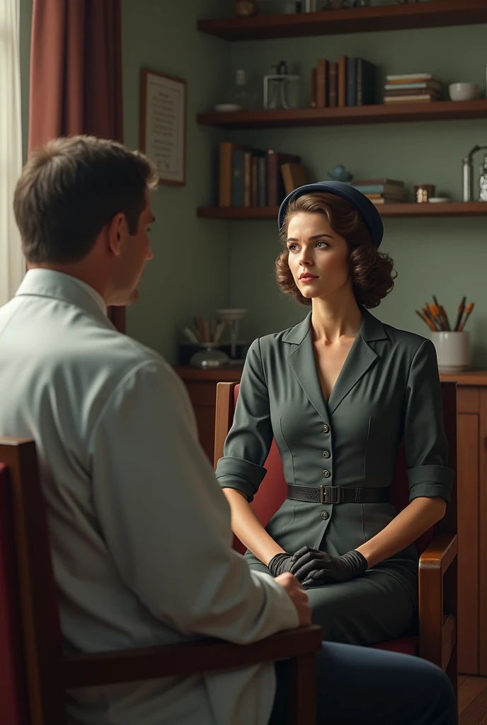 A woman in front of a doctor in the 1939s