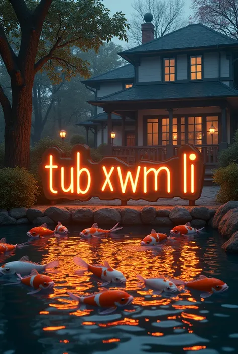 A large neon sign on the edge of the pond reads “Tub xwm li ” ,an emperor species of koi fish. Gold and silver colors pay homage in the pond in front of the house.