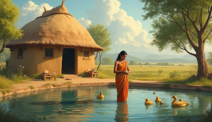 A mud house. Gourd loft next to the house. A pond in front of the house. A few ducks in that pond. In that pond, a woman wearing a sari is holding a duck small small a lot  egg in her hand . Along with the pond Pinea gourd loft. 