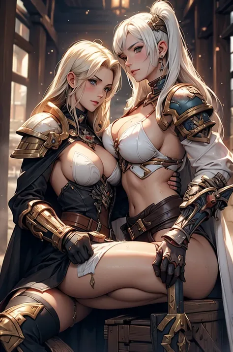 warhammer_40k, sister_of_battle, battle_sister, leather, white_hair, breasts, nipple_piercing, curvy, armor, topless, nsfw, hentai, warhammer, adepta_sororitas, lesbians, ahegao, pauldrons, scar, sitting, masturbating, pussy, wet_pussy, grool, clitoris, cl...