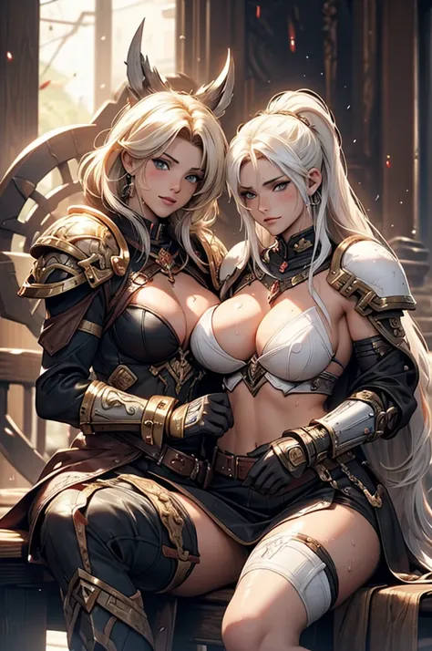 warhammer_40k, sister_of_battle, battle_sister, leather, white_hair, breasts, nipple_piercing, curvy, armor, topless, nsfw, hentai, warhammer, adepta_sororitas, lesbians, ahegao, pauldrons, scar, sitting, masturbating, pussy, wet_pussy, grool, clitoris, cl...