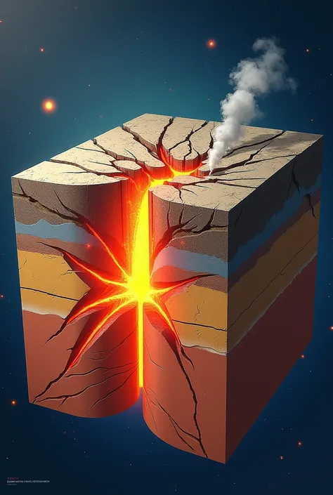 Generate me an image of the science of earthquakes showing how divergent, convergent and transform work with cracks that shows where magma will come out