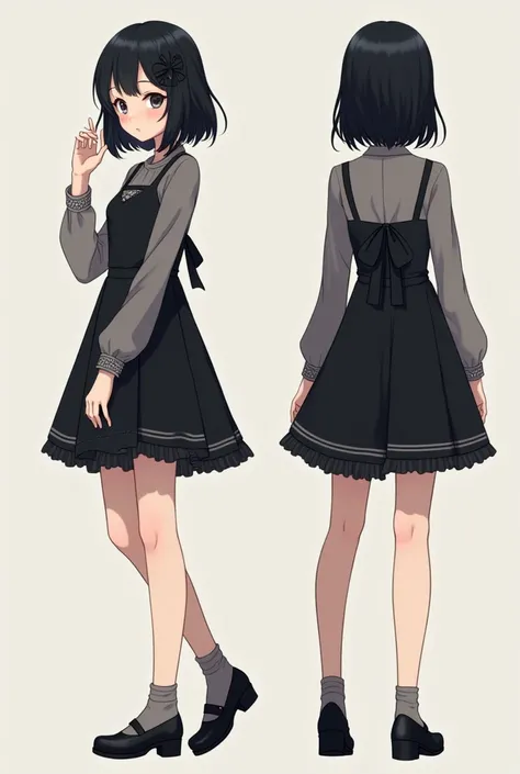  anime girl character model sheet, dark color palette one piece dress, black hair medium length, 
