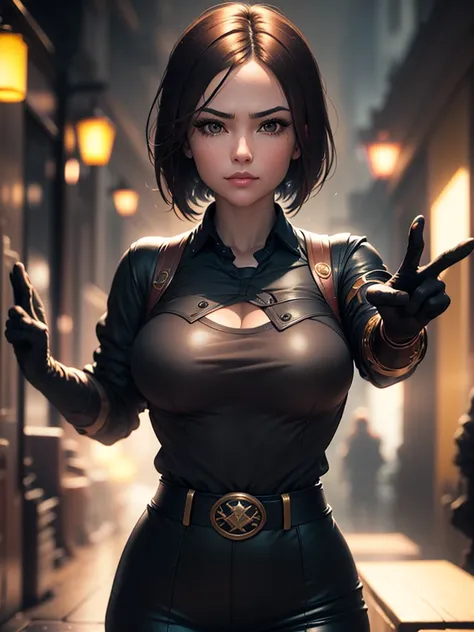 (at night), in a video game scene in the background, a beautiful city at night, raining, alone, standing looking straight ahead, military clothing with military green skirt and pants, black gloves, semi-short hair, ((semi-short hair)), 1 girl, 30 years old...