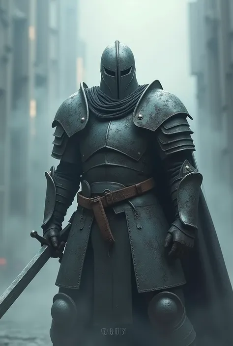 To create the realistic image like a photograph, imagine a warrior, standing still, dressed in grey warrior armor, a full broken helmet that tells of his past of warfare. He holds a two-handed sword in an offensive posture. Around him, grey aura envelopes ...