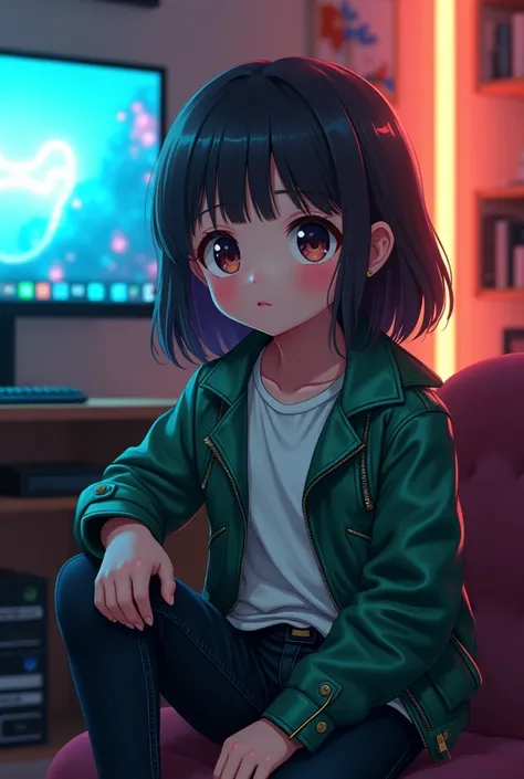 An anime girl around 2 sitting in her gaming room and telling a story keeping her hand down on her leg. closing her mouth. She is Wearing a green leather jacket a white T-shirt and black jeans