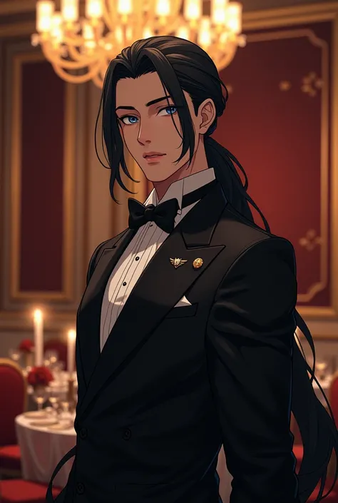 Anime Man with long black hair with long ponytail dark blue eyes dressed in elegant suit at an anniversary party 