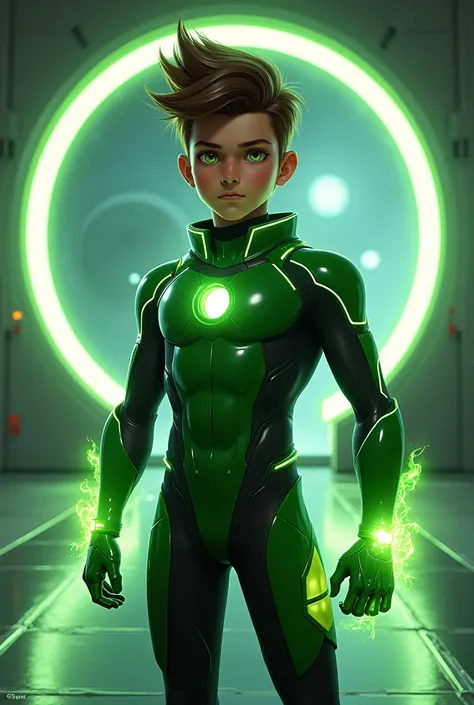 Create an image of a teenage boy with spiky brown hair and green eyes, wearing a futuristic green and black suit with a high-tech watch on his wrist that glows with a green light. He is standing confidently in front of a glowing portal with a cosmic backgr...