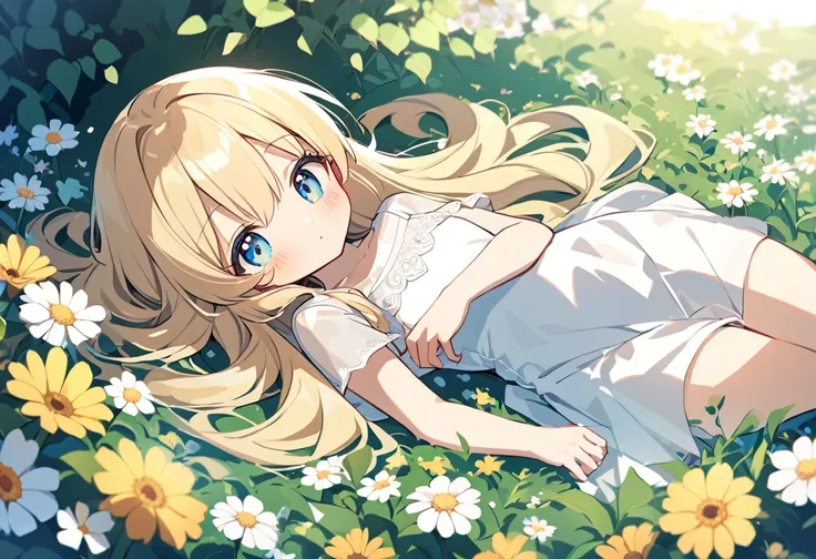 one  girl, blonde hair, white one-piece dress,  lying in the flowers, light blush, moderately long hair, cute, qhly