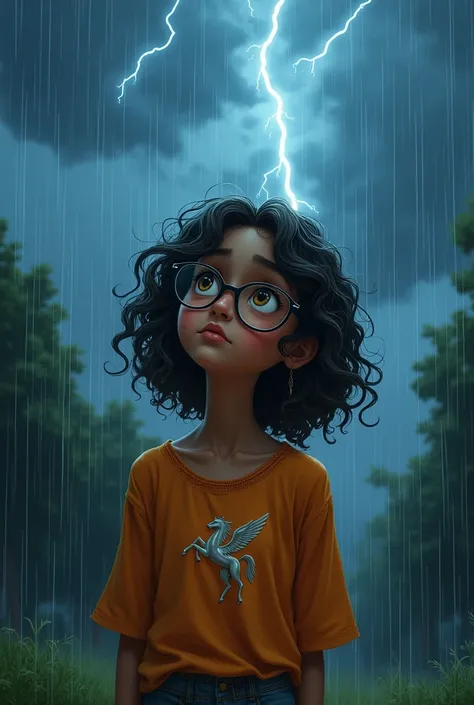 Girl wearing glasses curly hair to shoulder dark skin brown eyes orange blouse with Pegasus symbol in rain looking at lightning in sky 