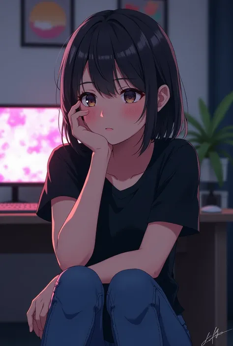 An anime is around 29 years lady old sitting in her gaming room and telling a story keeping her hand down on her leg. closing her mouth. She is Wearing a black T-shirt and black jeans