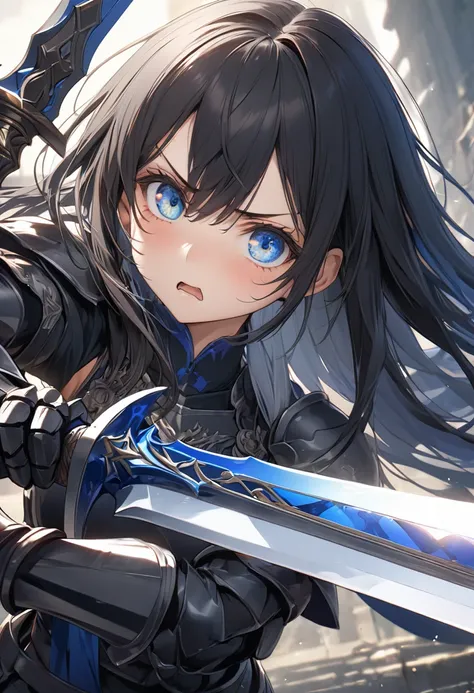 Long hair, (blue eyes:1.5),  Black Hair、female knight、Black Armor, Holding a longsword、(small breast:1.2), BREAK looking at viewer, BREAK outside, BREAK (masterpiece:1.2), best quality, high resolution, unity 8k wallpaper, (illustration:0.8), (beautiful de...