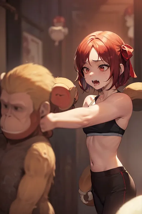 masterpiece, best quality,anime style, 1 girl,(((slender body))), (((small eyes))),(((sports bra,buruma,red hair ribbon))),(((scream))),((((3 monkey grabbing the girl)))),((((cum)))), (beautiful face), (((short hair))), (((straight hair))), ((((blonde hair...