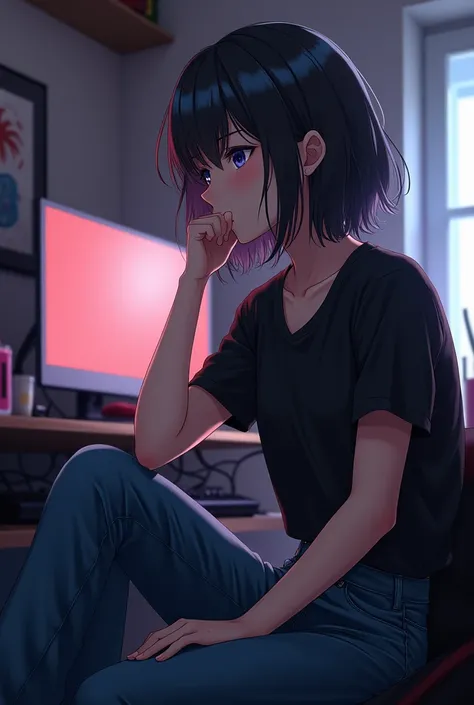 An anime is around 29 years lady old sitting in her gaming room and telling a story keeping her hand down on her leg. closing her mouth. She is Wearing a black T-shirt and black jeans