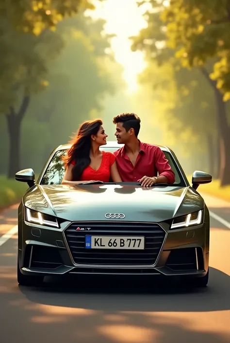 A girl with his lover. And she have a  Audi TT .that car number is KL 66 B 777.and shes dress has a red frok and that boys dress was red shirt and black pant  boy have Nike shoes girl also have Nike shoes  she have very long hair . Located in Kerala 
