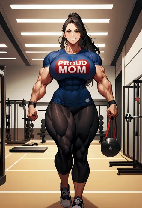 a vibrant gym scene featuring a tall, athletic mother with long hair and a toned, well-defined body, though not overly muscular....