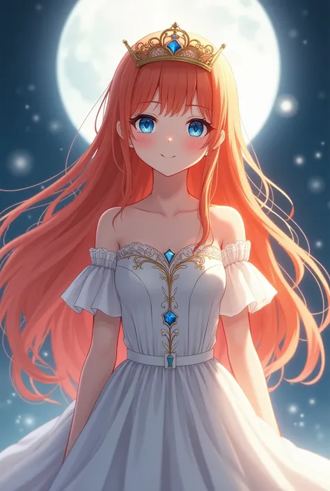 A girl, long orange hair, blue eyes. She wore a beautiful off-the-shoulder white dress that was also extremely noble, with a crown on her head, standing in the moonlight with a gentle expression. anime character.