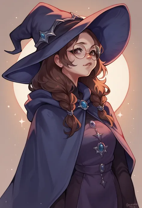 Witch, wearing blue medevial clothes with a wizard hat, round glasses, full upper body portrait,  female, 1girl, brown hair, brown eyes, 