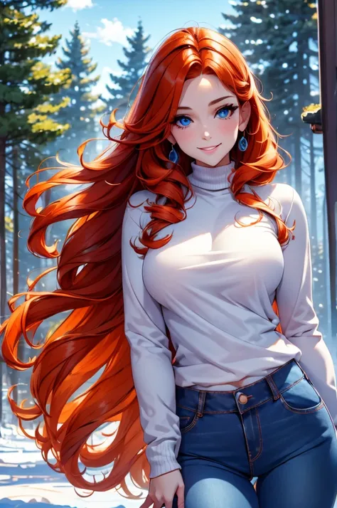 winter forest background, light-blue-eyes, woman, delicate, smile, hair over one eye, orange hair, white sweater, wearing jeans ...