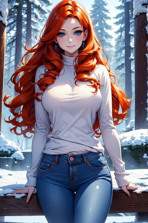 winter forest background, light-blue-eyes, woman, delicate, smile, hair over one eye, orange hair, white sweater, wearing jeans ...