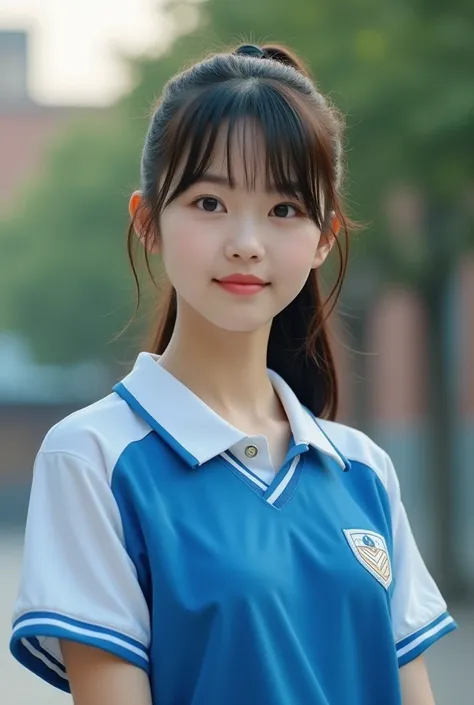 An ordinary Chinese female high school student，Middle-parted bangs，Ponytail，Wearing blue and white sports uniform，1，student，photo，Reality，Photos of life