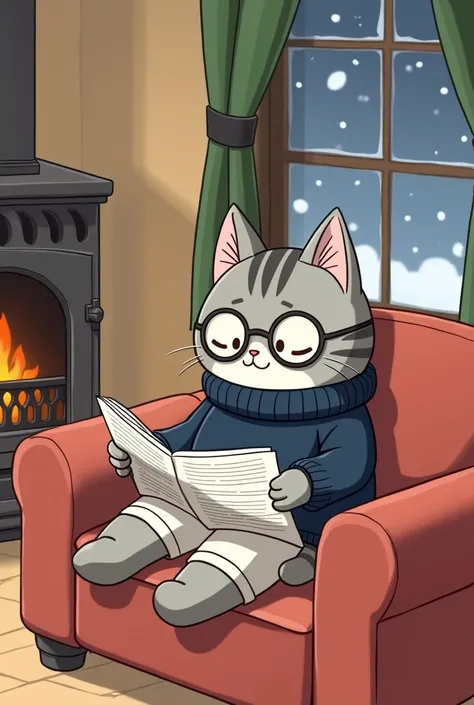 please make a cute picture of the chibi version of Felis Gyras male cat, gray with patterns, wearing round glasses, wearing a warm navy blue sweater and white shorts, wearing a watch, the cat is facing the picture, the cat is sitting on the sofa reading a ...