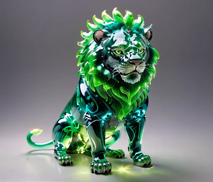 (cute, chubby, male, green lion), glowneon, sparks, transparent glass sculpture, vibrant neon, hires textures, highly detailed, intricate details, best quality, photorealism, masterpiece, (((grey background))), detailxl