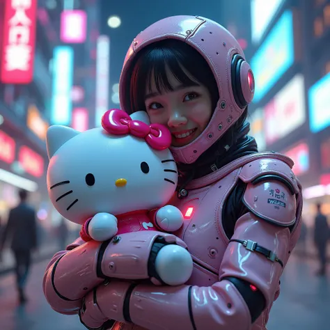 Highest quality, 4K wallpaper, masterpiece, Highly detailed CG Unity 8k wallpaper, Very fine grain, Super detailed, Intricate details, 
1 person, sf, (h1c4tt3ch Mecha, hugging Hello Kitty doll, cyber punk, Happy Neon City, smile, Hello Kitty, Adorable, bea...